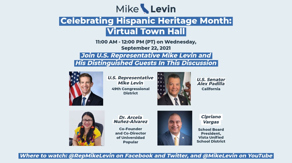MAAC_1965's tweet photo. In honor of #HispanicHeritageMonth @RepMikeLevin will be hosting a #VirtuaLTownHall w/ @SenAlexPadilla & community leaders, @ArcelaNunez & @Vargas4Vista Wed. Sept. 22, 11 am-12 pm. Tune in via the Congressman’s social media platforms listed below. #MAACPartners https://t.co/aY5ZWXiVQW