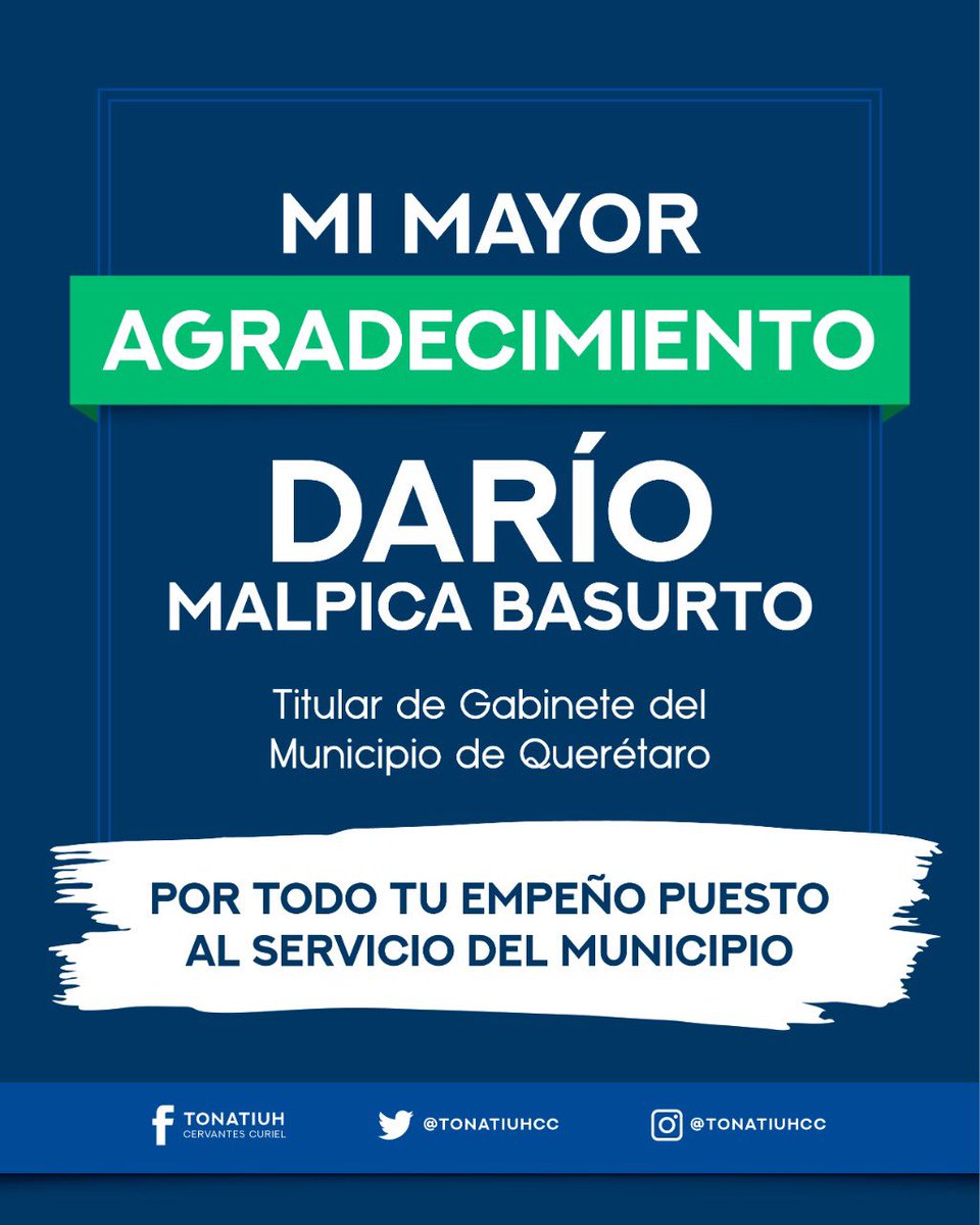 Estimado <a href="/DarioMalpica/">Darío Malpica</a> gracias por tu trabajo realizado al frente de la Coordinación de Gabinete, los avances del <a href="/qromunicipio/">Municipio de Querétaro</a> en materia de transparencia, y el diseño de políticas con la participación ciudadana, se reflejan en hechos a favor de los queretanos.