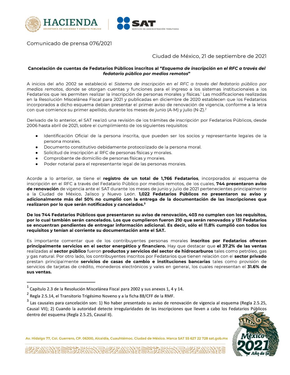 SATMX's tweet photo. El SAT realizó revisión de trámites de inscripción al RFC por Fedatarios Públicos a través de medios remotos desde 2006 a 2021 y quienes no presentaron aviso de renovación serán cancelados de conformidad con lo que se estipula en la Miscelánea Fiscal 2021.
https://t.co/MwYXH1Zc9J https://t.co/F6VL3PTWvR
