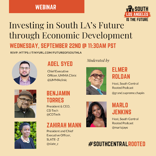 SSG R&E Team (@ssgresearch) on Twitter photo Join our partners <a href="/BHCSouthLA/">BHC South LA</a> TOMORROW 9/22, 11:30am -1pm PST for a webinar discussing the workforce initiatives currently in the works that can tremendously impact #SouthLA.
Register here➡️tinyurl.com/FutureofSouthLA
<a href="/UMMAclinic/">UMMA Health</a> <a href="/CDTech/">CDTech Los Angeles</a> <a href="/LA_SlateZ/">SLATE-Z</a> Join our partners <a href="/BHCSouthLA/">BHC South LA</a> TOMORROW 9/22, 11:30am -1pm PST for a webinar discussing the workforce initiatives currently in the works that can tremendously impact #SouthLA.
Register here➡️tinyurl.com/FutureofSouthLA
<a href="/UMMAclinic/">UMMA Health</a> <a href="/CDTech/">CDTech Los Angeles</a> <a href="/LA_SlateZ/">SLATE-Z</a>