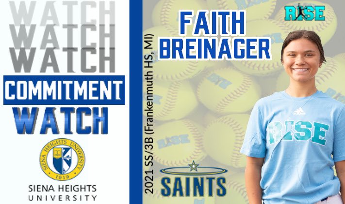 Commitment Watch:

2022 RISE Player-Faith Breinager <a href="/flbrein/">faith breinager</a> (Frankenmuth HS &amp; Mid Michigan Bolts) verbally commits to Siena Heights University! <a href="/SienaHeights_SB/">Siena Heights Softball</a> #congrats #RISEfamily 

Faith attended the Michigan Top Prospect Showcase + Game.