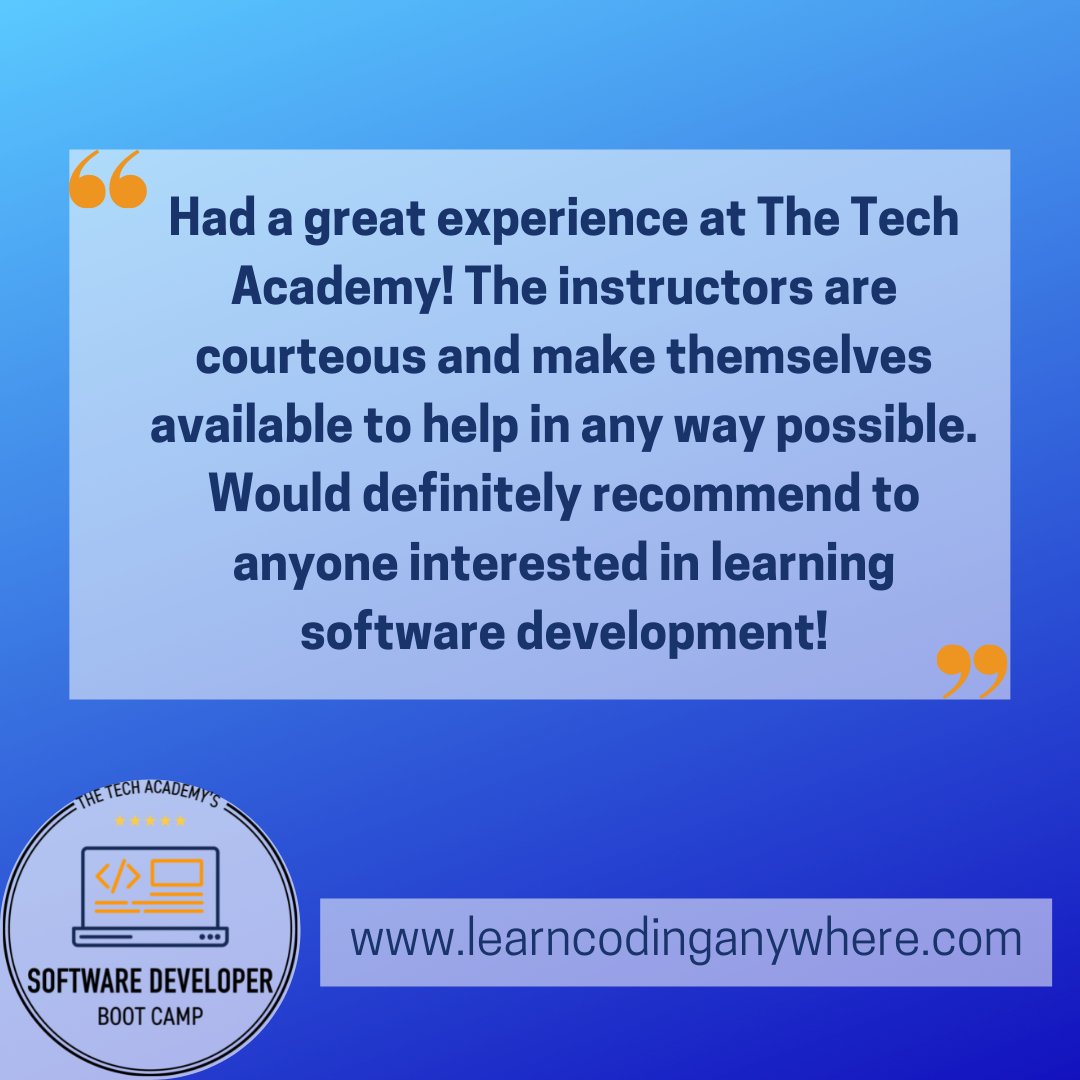 TheTechAcad's tweet image. Check out Brittany&apos;s review on Tech Academy!

On our Software Developer Boot Camp, students learn seven of the most popular and in-demand programming languages!

Start your tech journey with us: bit.ly/contactTTA

#learncodinganywhere #thetechacademy #codingbootcamp #tech