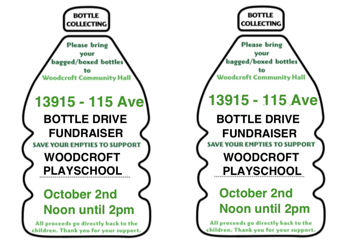 The Woodcroft Playschool is looking for your empty bottles as part of a fundraiser on Saturday October 2!  Please drop off your bagged or boxed bottles from 12pm - 2pm at 13915 115 Ave! #WoodcroftCL #bottledrive