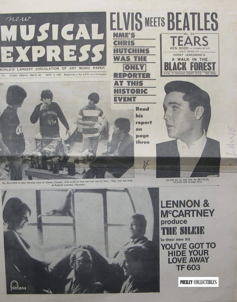 PresleyCollect's tweet photo. 27 Aug 1965, Elvis & The Beatles met for the first & only time. Sept 3rd 1965 NME tells the full story. #musicmemorabilia #elvis #elvispresley #elvisfan #elvispresleyfan #thebeatles #thebeatlesfans #nme #newmusicexpress #elvishistory #thebeatleshistory #elvismeetsthebeatles https://t.co/PFC6XjiBDN
