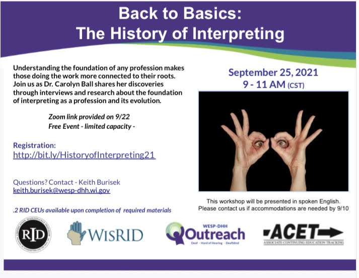 ASLinterpretIC's tweet image. Join Dr. Ball as she shares about the foundation of interpreting as a profession and its evolution.

Back to Basics: The History of Interpreting

September 25th, 2021

9 - 11AM (CST)

Register here: bit.ly/HistoryofInter… 

Free event. Limited capacity.