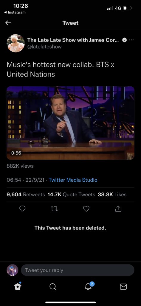 agustdtae_'s tweet photo. JAMES CORDEN DELETED THE VIDEO?? 
WE BETTER GET AN APOLOGY AS WELL https://t.co/xUr2LQqXUC