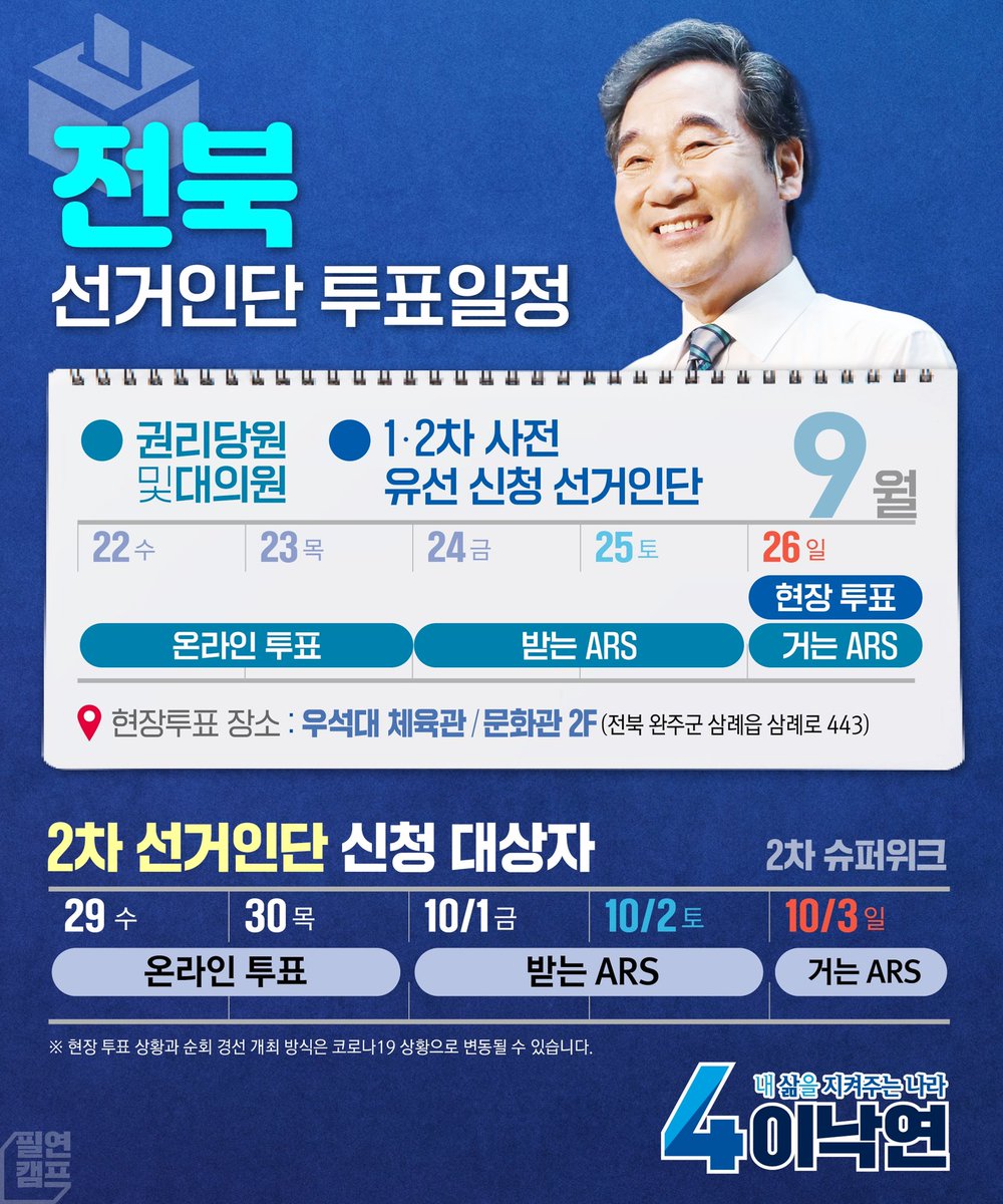 <전북 권리당원 및 대의원 온라인 투표 시작!>

오늘부터 내일 21시까지 전북의 대의원과 권리당원의 온라인 투표가 시작됩니다. 본선필승 최강후보, 이낙연을 민주당 대통령 후보로 선택하세요! 

▫️전북 대의원 : vote.theminjoo.kr/1258-1416
▫️전북 권리당원 : vote.theminjoo.kr/1258-1413