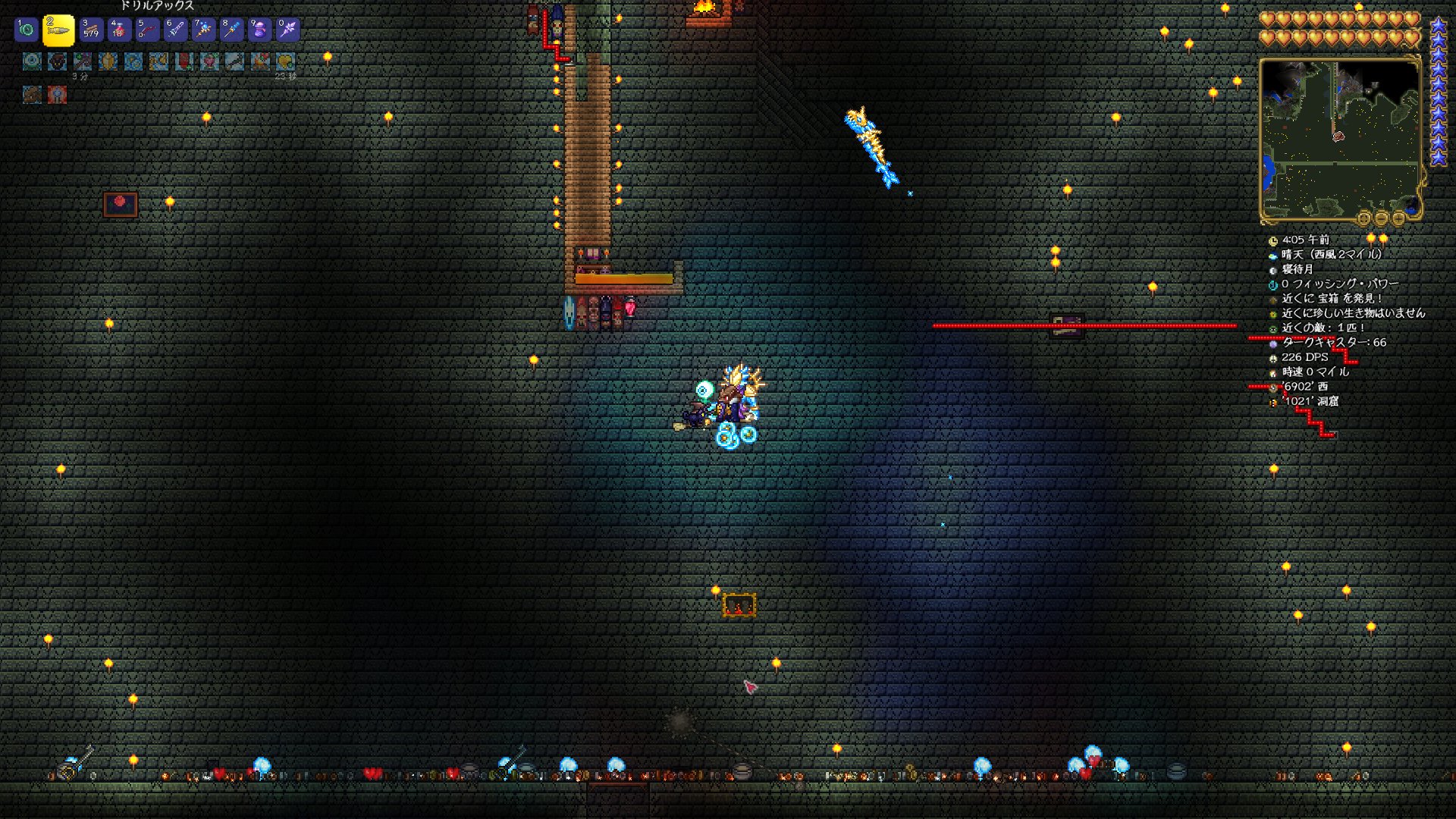 蒼い武士 テラリアで偶々ダンジョンが整地しやすい形になってたから放置してたら勝手にミニオンが全部倒してくれるモンスタートラップ作った 金稼ぎ効率はパンプキンorアイスムーンのほうが圧倒的にいいけどこれは完全放置で楽だし バーベキューリブが大量