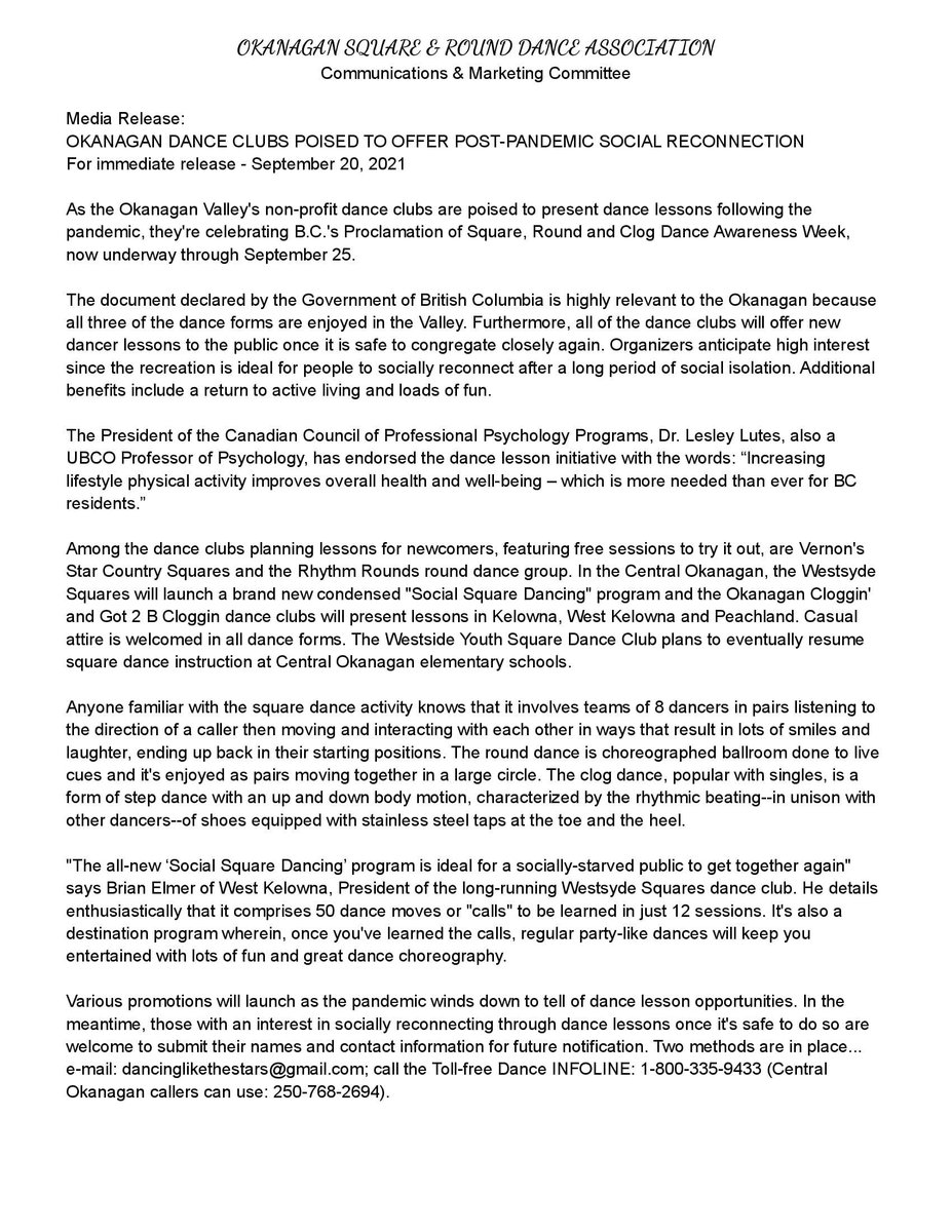 bcfedlive's tweet photo. Media Release: See #Okanagan lesson plans as we observe Square, Round &amp; Clog Dance Awareness Week in #BC. Clubs from #VernonBC to #Peachland are poised to offer lessons. Socially reconnect! Interested? Submit name/contact: dancinglikethestars@gmail.com or toll-free 1-800-335-9433 https://t.co/jMIHYqQmhI