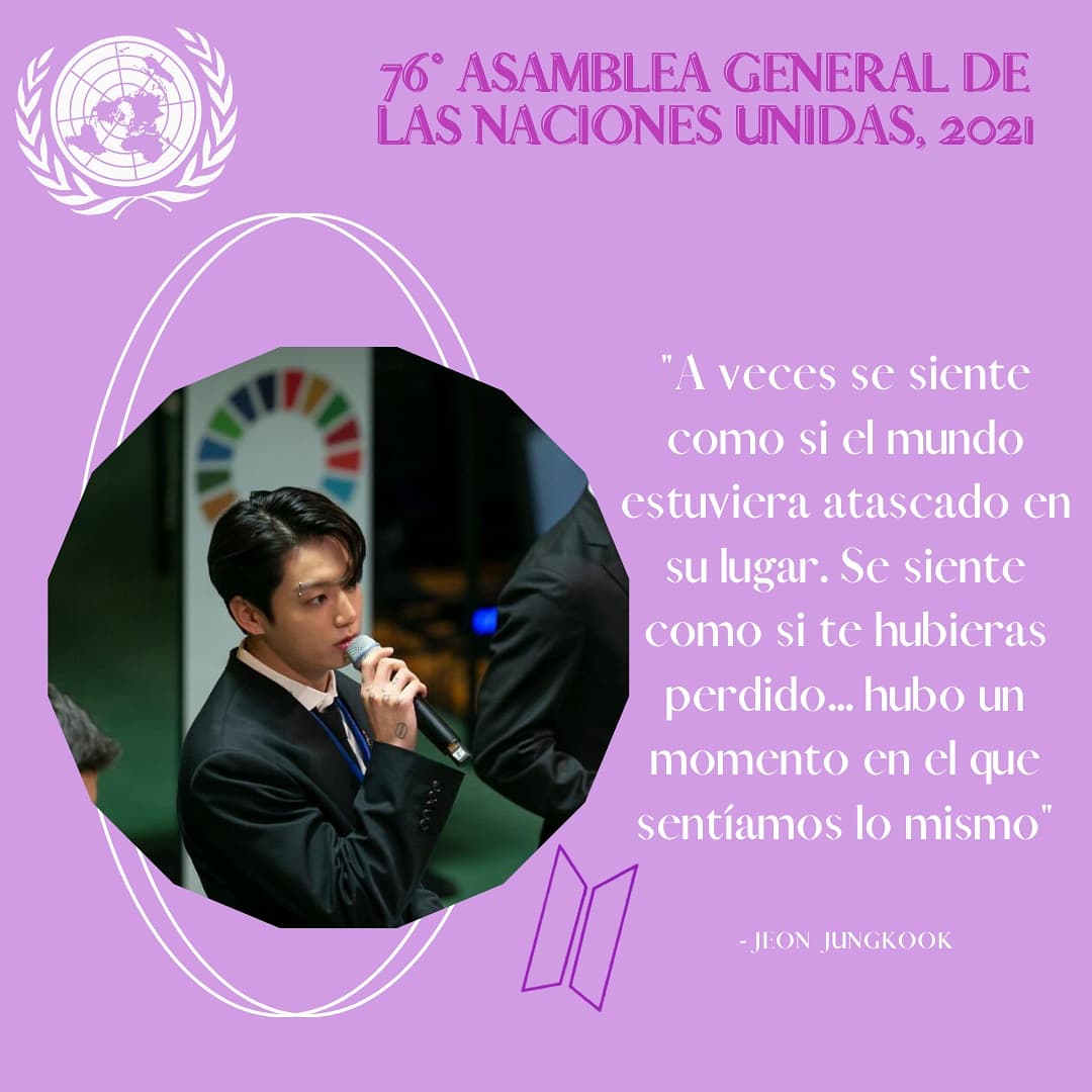 WhalienUniverse's tweet photo. Mensajes que la maknae line nos compartió el día de ayer en la 76° Asamblea General de las Naciones Unidas, 2021. 🇺🇳
.
.
.
.
.
.
#BTSatUNGA #BTSARMY 💜 #ONU 🇺🇳 #WhalienUniverseProject 💜🐋 https://t.co/3OpDFWqQbp