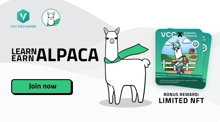 🎁Earn $ALPACA  with Learn &amp; Earn from VCC Exchange
Let's learn about <a href="/AlpacaFinance/">Alpaca Finance 🦙δ0</a> , complete short quiz, receive $ALPACA and limited editions "Back to school" NFT.
⏰ Start time:  15:00 GMT+7 on 22/9/2021 
Only 10 minutes to complete the course at: vcc.exchange/learn-and-earn