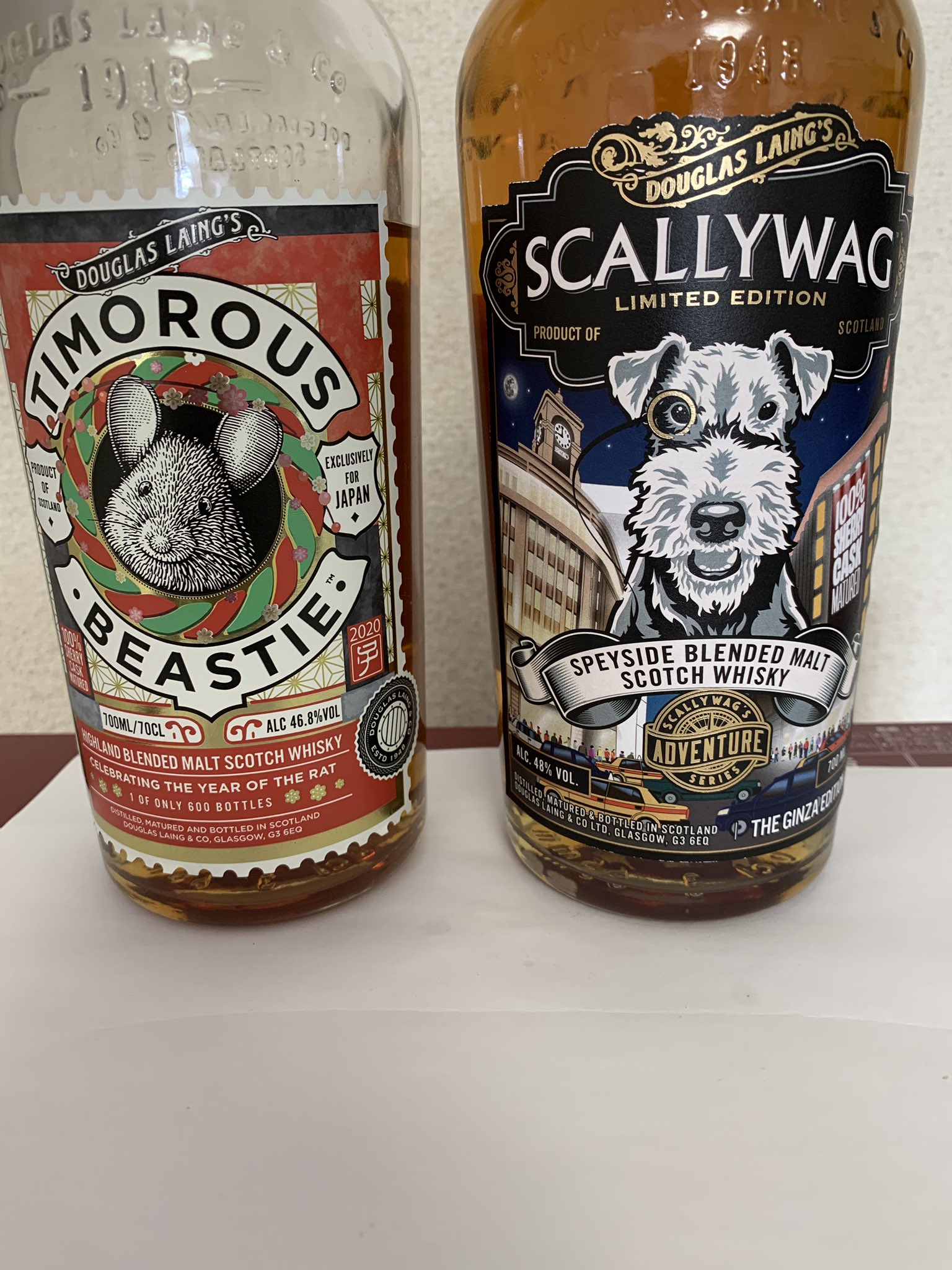 ピノ好き 昨日の寝酒投稿2度目 ダグラス レインのウイスキーは イラストが可愛い ティモラス ビースティーは子年限定の日本向け 甘いトフィー感で立ち上がる干し葡萄の香りも素晴らしい スカリーワグも限定ボトル どちらもシェリー樽熟成だが