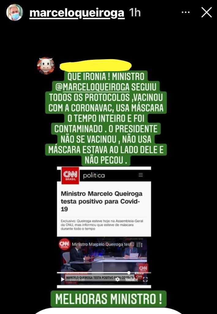 reinaldoazevedo's tweet photo. ACREDITEM: Queiroga, um médico, reproduziu nos stories do Instagram a imoralidade abaixo. Doente, endossa proselitismo antivacina. Convenham: define um caráter. Bolsonaro ñ o obriga a nada. É indecente, nesse caso, por opção, gosto, determinação. https://t.co/zvVl3doZxV