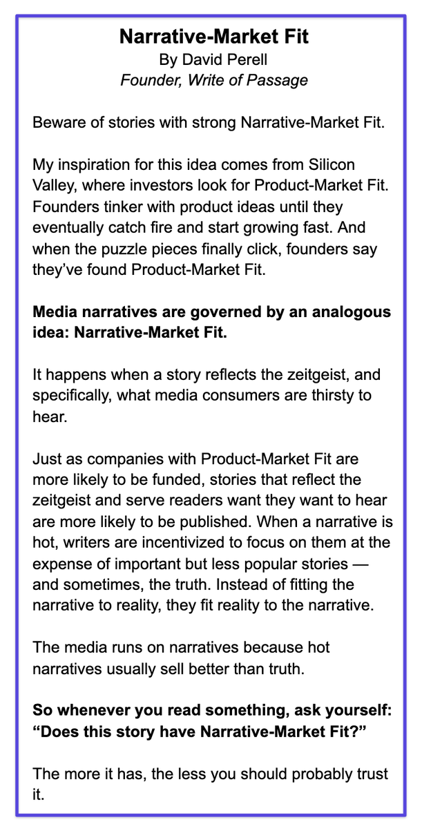 david_perell's tweet photo. When consuming ideas, beware of stories with strong Narrative-Market Fit.

Here's my mini-essay. https://t.co/le82kYLxt3