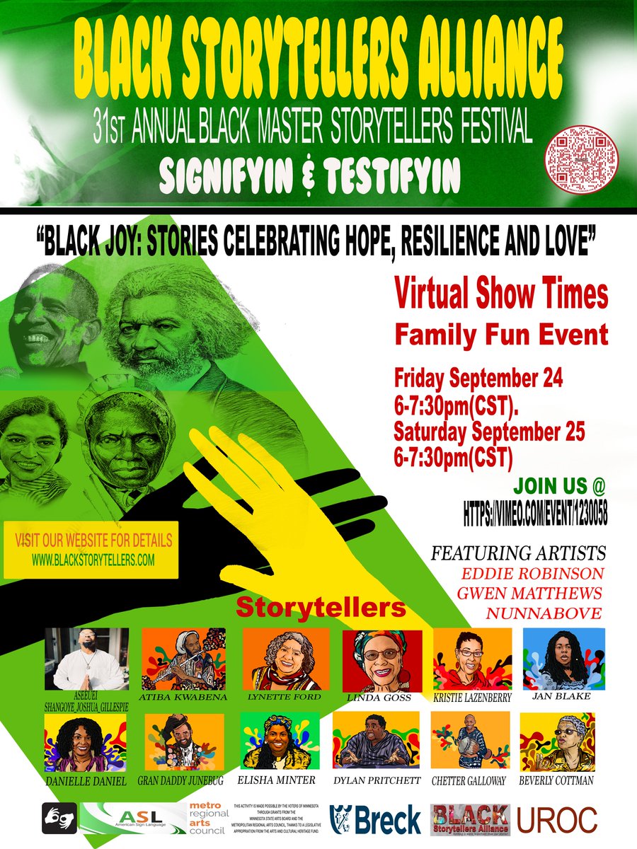 TenKfs's tweet photo. Mark your calendars! Black Storytellers Alliance invites you to join their 31st Annual Black Master Storytellers Festival this Fri. and Sat. from 6 - 7:30 pm. #AfricanAmerican #Black #Minorities #storytelling #diversity #virtualevent #10kfs @NAACPmpls @umnUROC @Blklivesmatter https://t.co/QQMvobbsfU