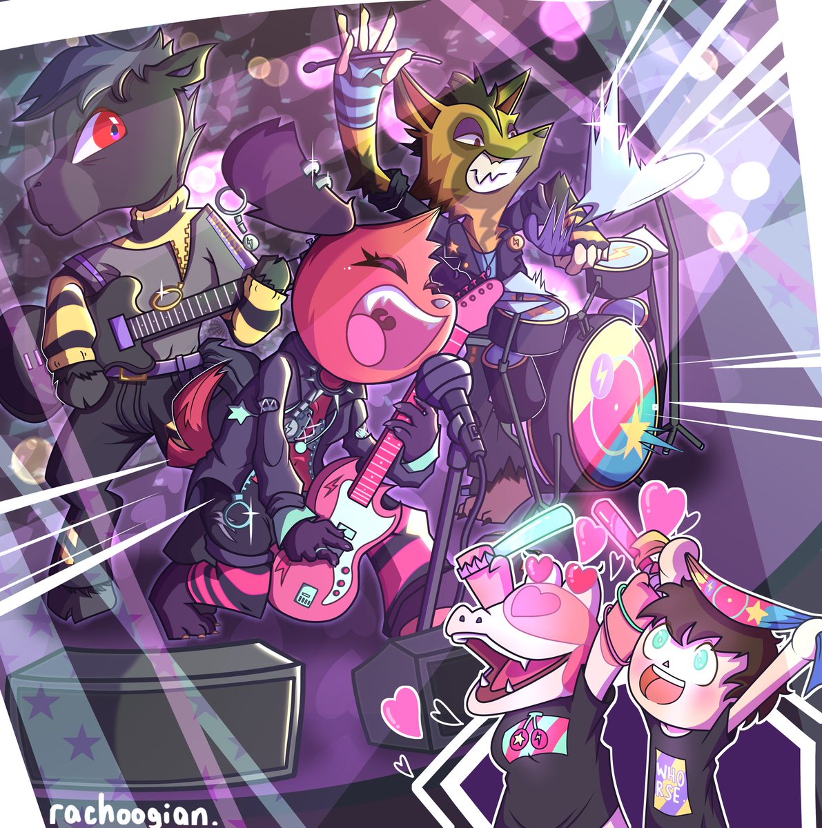 Birthday art for friend
Animal Crossing Cherry, Roscoe and Kyle are in a rock band, and their biggest fans are Gayle and Jack
#AnimalCrossing