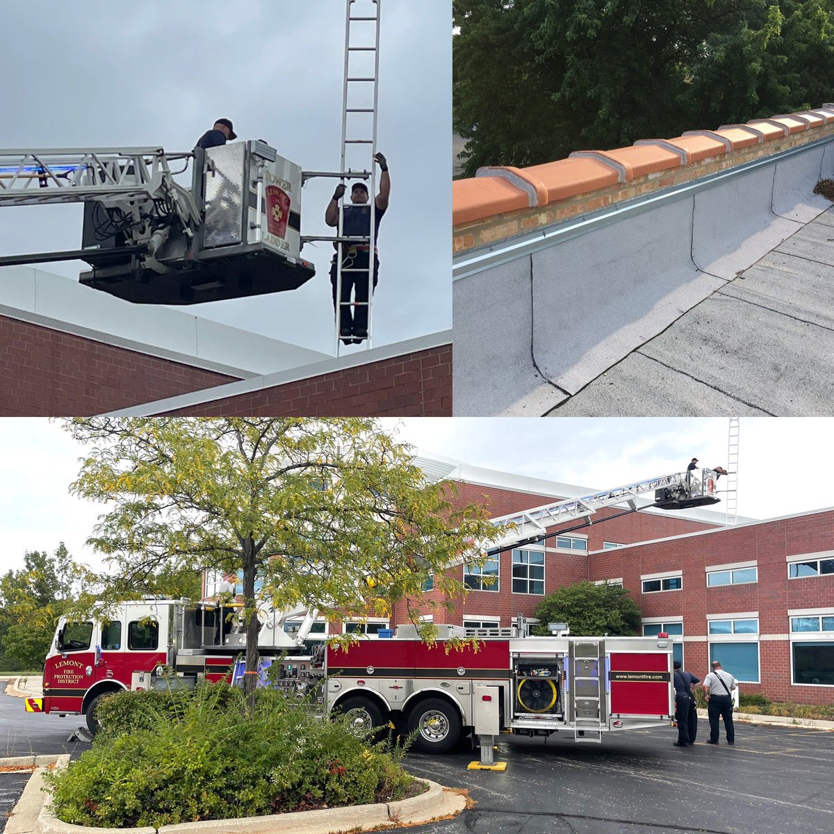 Training today with our Tower Ladder Truck 949 using the parapet ladder to easily get over walls on a roof. #local3966training #lemontfpd
