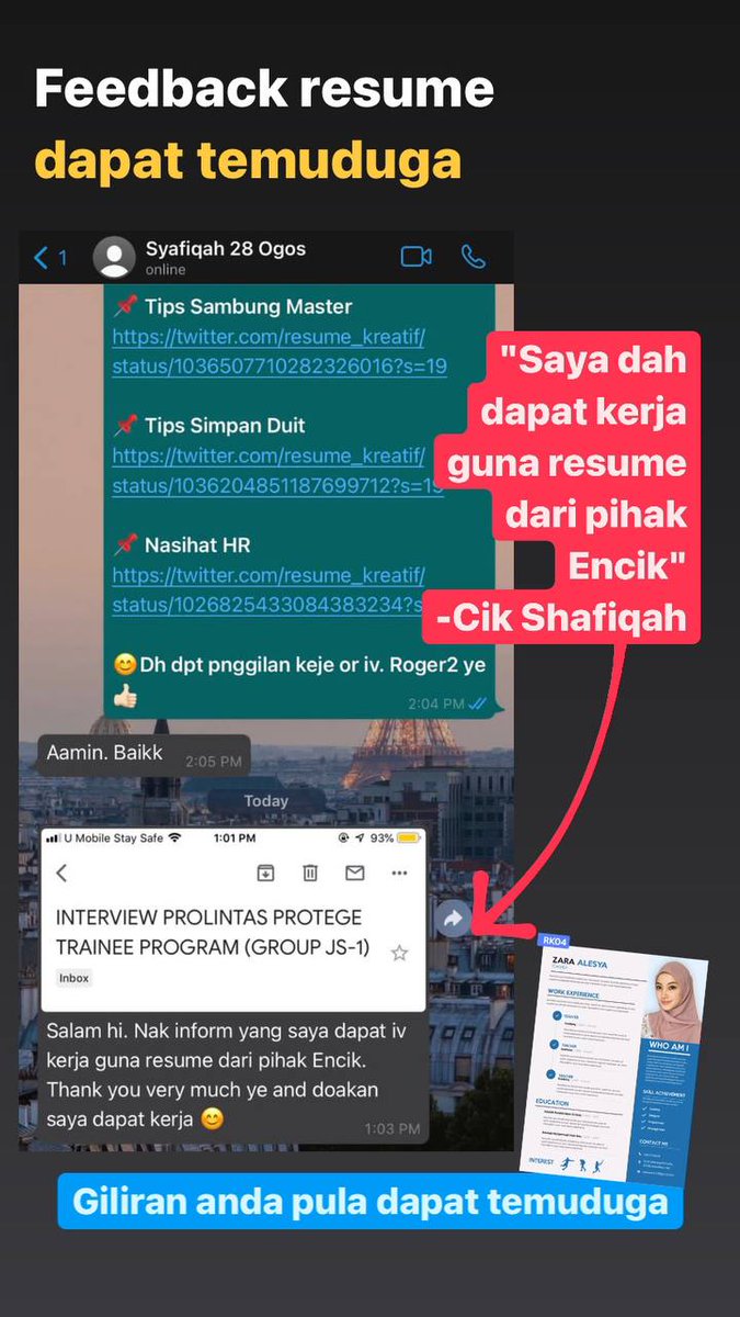 resume_kreatif's tweet photo. 👥“Nak inform yang saya dapat interview kerja guna resume RK. Thank You so much” - Syafiqah
#feedbackRK
#resumekreatif https://t.co/49ojSsLLaW