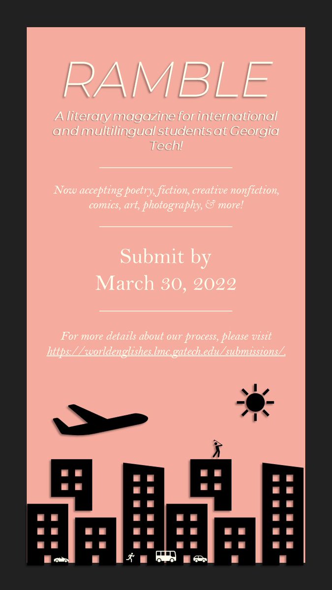 It's that time of year! Last year's magazine was a huge success, so we are thrilled to announce that we are currently accepting submissions for RAMBLE, issue #3! worldenglishes.lmc.gatech.edu/2021/09/21/sub… <a href="/brittainfellows/">The Brittain Fellows</a> <a href="/KendraS85/">Kendra</a> @melissaianetta <a href="/poet_tech/">Poetry @ Tech</a> <a href="/CaitlinLeeKelly/">Caitlin Kelly</a>
