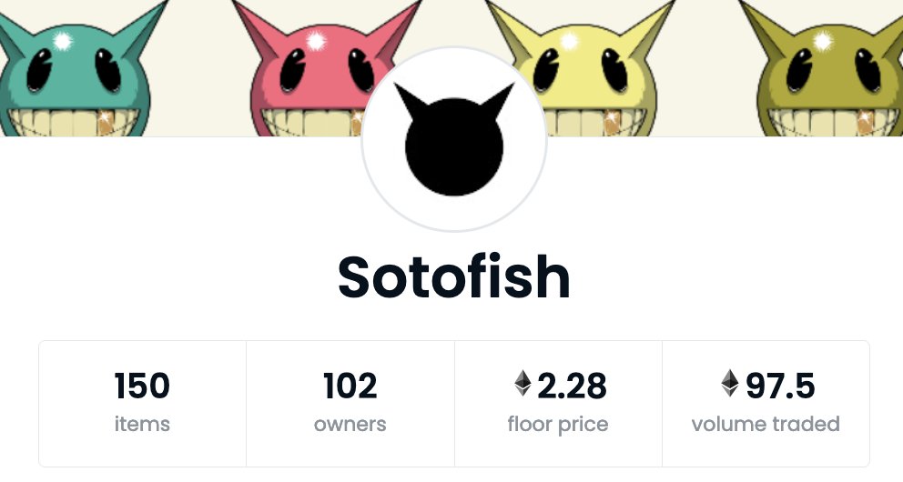 Hey all! Just got home, long day teaching young adults to be the future artists of our world. Still feeling the good vibes from last night! Looks like we are a sale or two from the coveted 100E mark!! Damn... thanks x100 everyone! #sotofish
opensea.io/collection/sot…