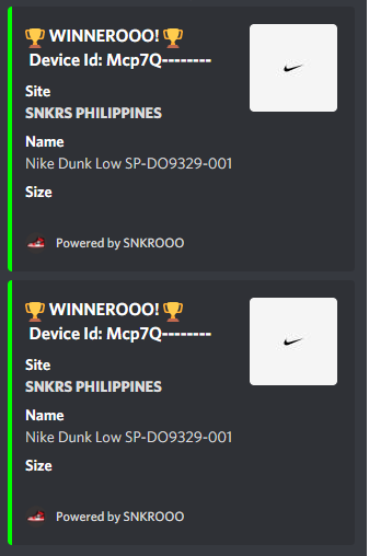 Success! 😀

Bot: <a href="/snkrooo/">SNKROOO</a> 
Proxies: <a href="/Lemon_Proxies/">LemonProxies</a> @RunProxies 
CG: <a href="/FnF_Notify/">FnF Notify</a> <a href="/Sneakify_PH/">Sneakify PH</a>