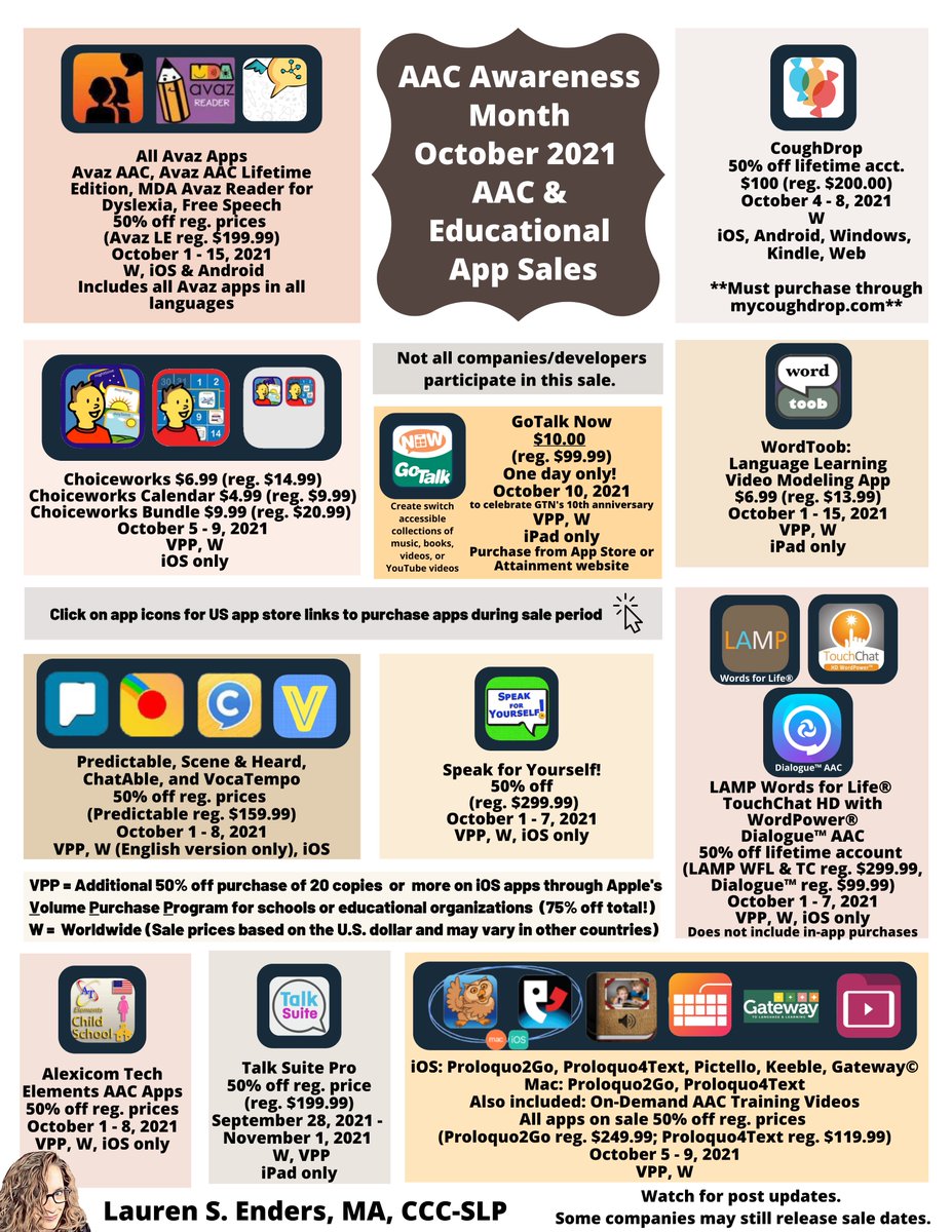 EngagingAACSLP's tweet image. In celebration of AAC Awareness Month October 2021, a number of developers are once again offering deep discounts. Date ranges and sale details vary, so check the graphic carefully! 
bit.ly/AACAppSalesOct… #AACawarenessmonth