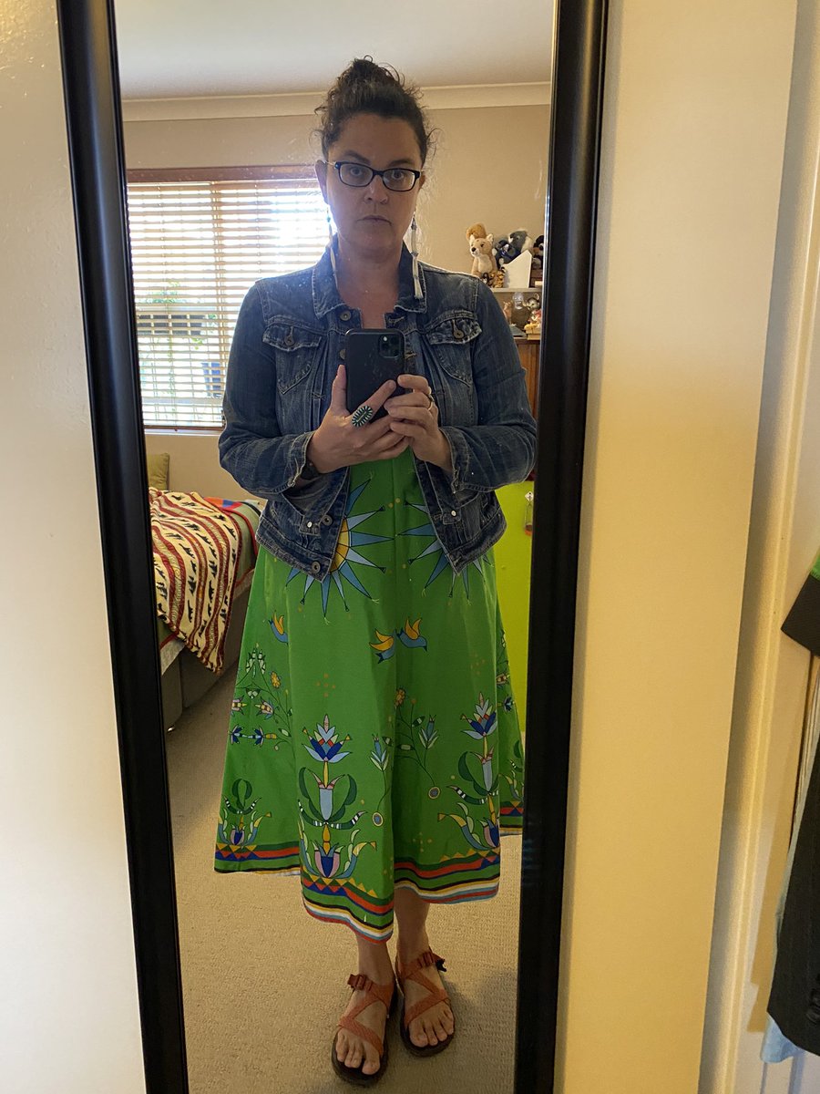 Anthrobeader's tweet photo. Don’t think I posted this final dress. Fabric designed by #ColeRedHorseJacobson, Mdewakanton Dakota from #TetonTradeCloth
#NativeFashion #SlowFashion #IndigenousDesigns https://t.co/gg8ZWTYYJ6