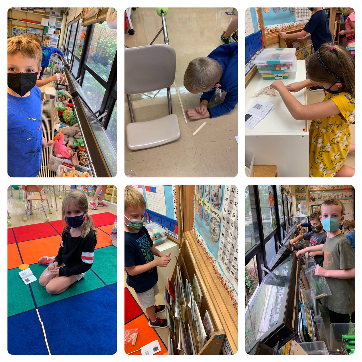 First graders having so much fun making estimates, then measuring with popsicle sticks #dg58learns #dg58pride #LEchoosesHAPPY