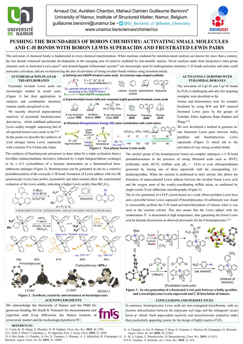 Dr_Berionni's tweet photo. Check our poster (@UNamur, @AurelienChard, @DMahautChem, @ArnaudOsi ) on "Pushing the boundaries of @Boron_Chemistry : activation of small molecules and C-H bonds with boron Lewis superacids and frustrated Lewis pairs at the #ESOR2021poster event (@ESOR2021online). Questions ? https://t.co/WENzXjM6AV