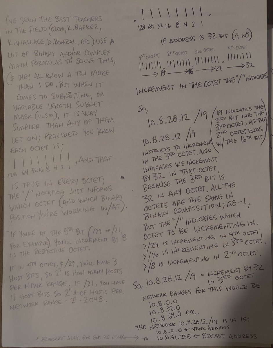 scott74s's tweet image. I hope this sheet helps anyone struggling with subnetting. On the right, in black, is my super simple way. On the left, in pencil, mentions some of the best teachers making it so convoluted. #subnet #networking #subnetmask if any questions, just tweet. This really is crazy simple
