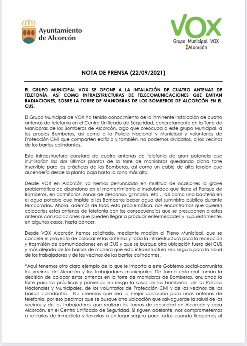 Vox_Alcorcon's tweet photo. En la comisión plenaria de hoy, PSOE y Podemos han votado a en contra y Cs se ha abstenido en la moción en la que solicitamos que NO se coloquen 4 antenas de telefonía en la torre de maniobras de los @alcorconbombero #Alcorcon. Aquí os dejamos la nota de prensa. https://t.co/A77zj1hx0O