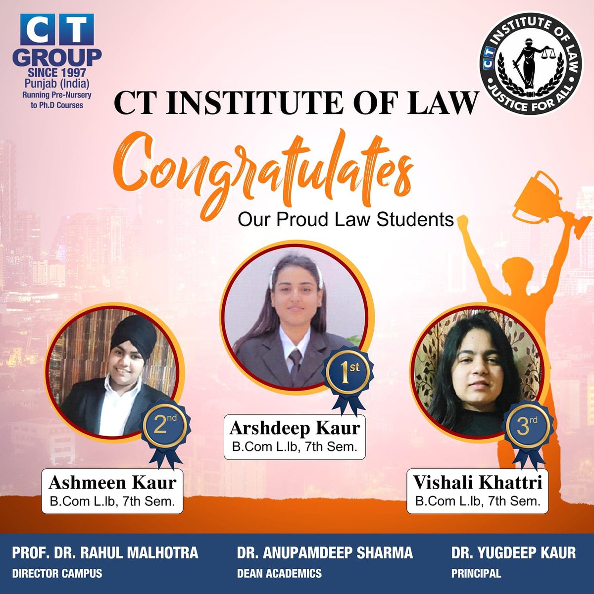 CTGroupshahpur's tweet photo. CT Institute of Law, South Campus, Shahpur congratulates its students for bagging positions in Semester 7 exams. #CTIL #studenttoppers #CTG https://t.co/wZCzP5pZkM