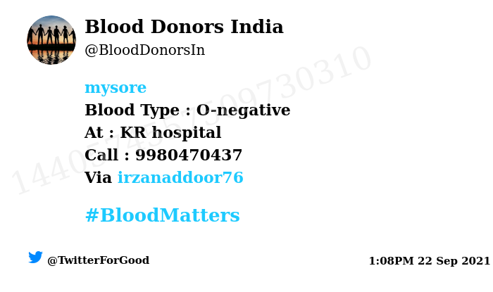 BloodDonorsIn's tweet photo. #SOS
#Mysore
Need #Blood Type :  O-negative
Blood Component : blood
Number of Units : 2
Primary Number : 9980470437
Via: @irzanaddoor76
#BloodMatters
Powered by Twitter https://t.co/XshKnIJBiD