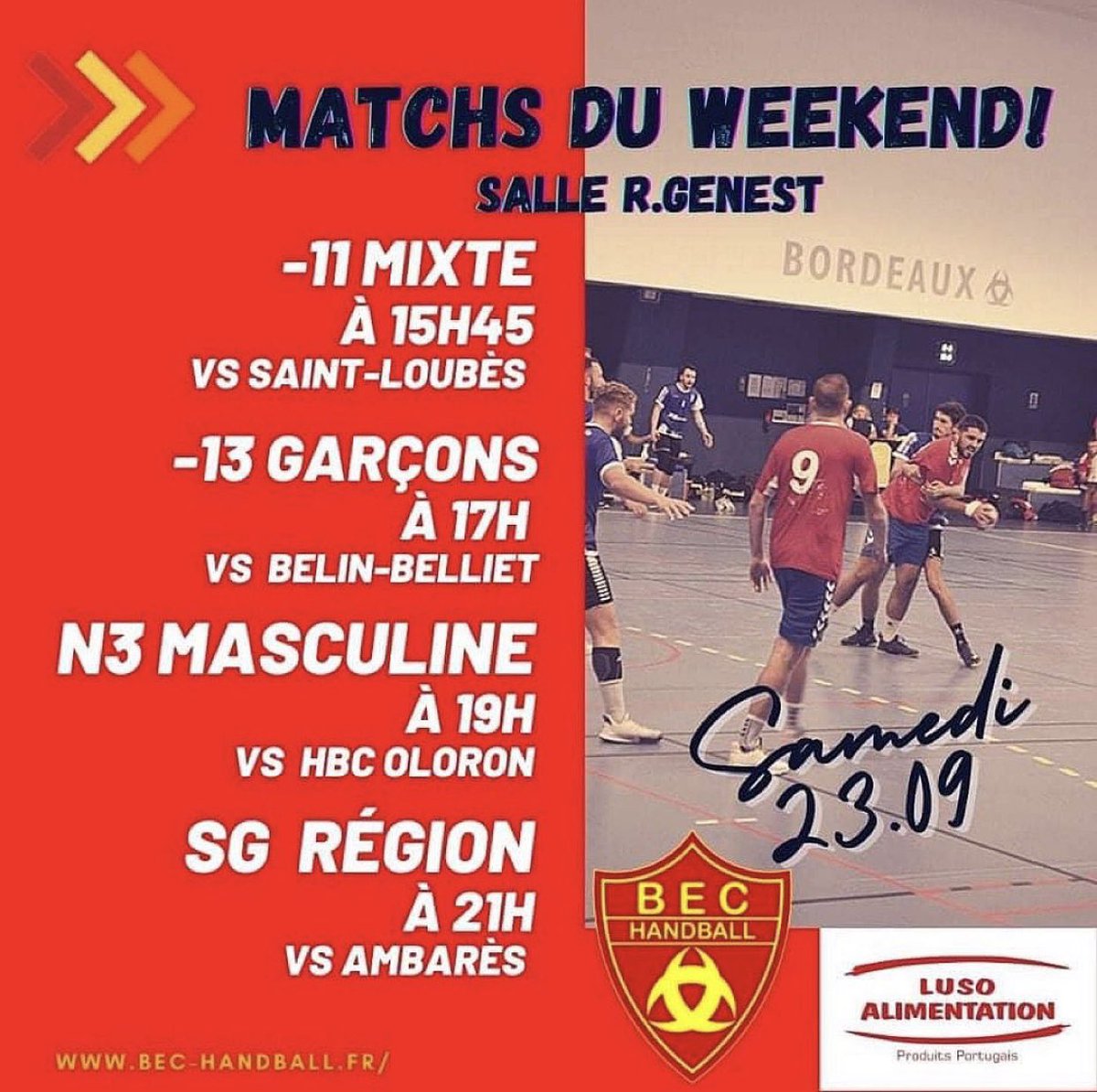 🔴 Matchs du week-end ! 
Samedi - En extérieur :
- 13h - U18G VS <a href="/SAGCHANDBALL/">SAG CESTAS HANDBALL</a> 
- 16h30 - U15G VS <a href="/GDBHBJeunes/">Girondins Handball</a> 
- 18h30 - SF VS #Canejan 

Dimanche - Extérieur :
- 11h - U13F VS Bordeaux Lac APIS.  

On vous attend nombreux pour encourager nos BECistes ! 🤾🏻‍♂️
#handball #bordeaux
