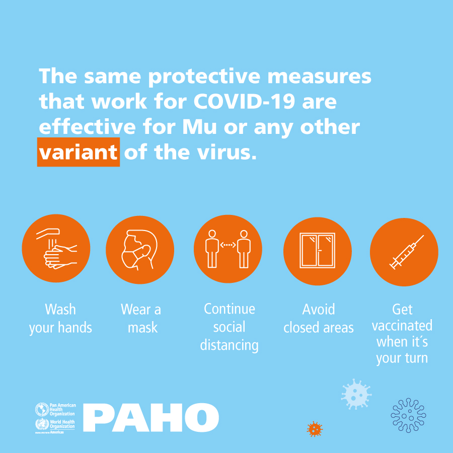 PAHOCaribbean's tweet image. The same protective measures 😷 against COVID-19 are effective against the #MuVariant or any other. 🧼 💦 🖐️ 😷 🚶🏽‍♀️-- 🚶‍♂️  

✅ Wash your hands frequently 
✅ Wear a mask
✅ Continue social distancing 
✅ Avoid closed areas and crowds
✅ Get vaccinated 🩹 when it’s your turn