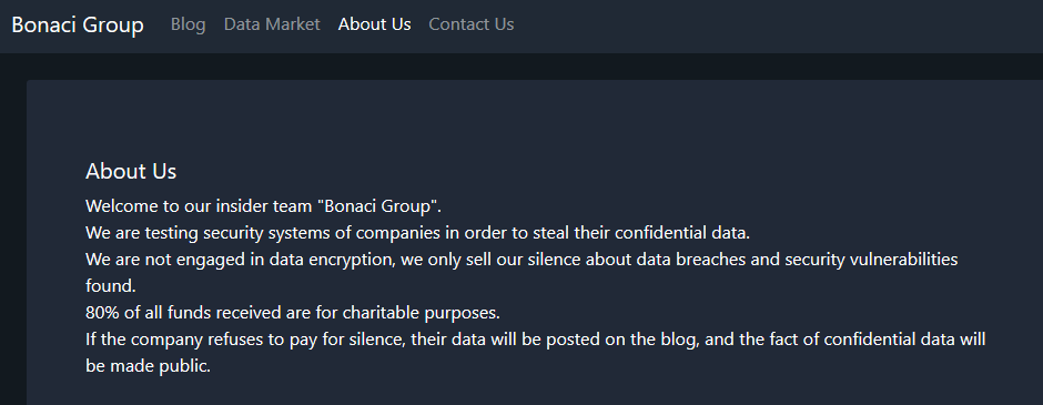 Cyberknow20's tweet photo. #Bonaci Group have recently started a #ransomware #leaksite. They claim to donate 80% of earnings to charity, which is something #Darkside offered when they first started. 

#infosec #cybersecurity #cyber #threatintel #auspol https://t.co/DZM361MsvG