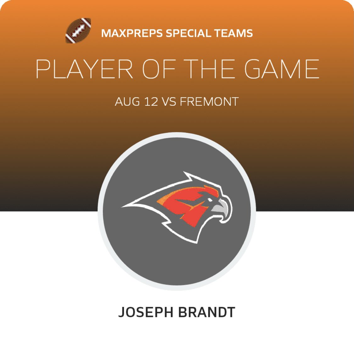 JosephBrandt36's tweet photo. Had a great first game of the season  against Fremont. 73 yard punt. Special teams MVP. https://t.co/jzTfxxQgFo