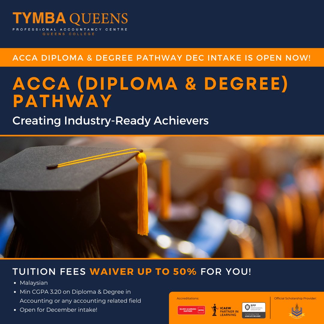 TymbaQ's tweet photo. Thinking about what to do after your degree &amp; diploma?

Become the next Chartered Accountant by joining our ACCA Diploma &amp; Degree Pathway. Equip yourself with the technical knowledge from experienced tutors whom are BPP Certified and World Prize Winner producers. https://t.co/yJ6JPKTPvA