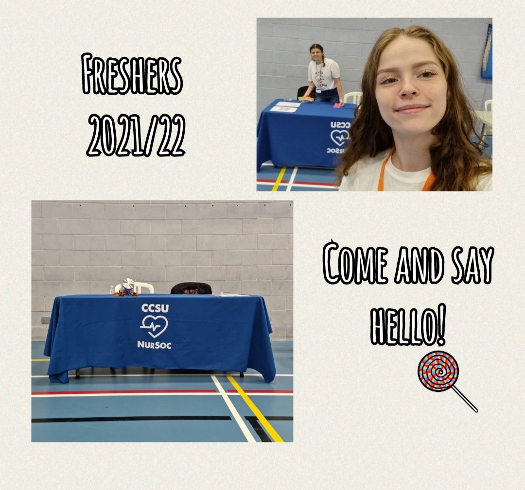 We are at Freshers Fayre down at the Canterbury sports centre (inside!) Come see us, first 6 people to sign up get a welcome gift! 

Meet your President and Social Media/Inclusion officer 💕 

#nursoc #say hello #wearestudentnurses #freshers #freshers2021