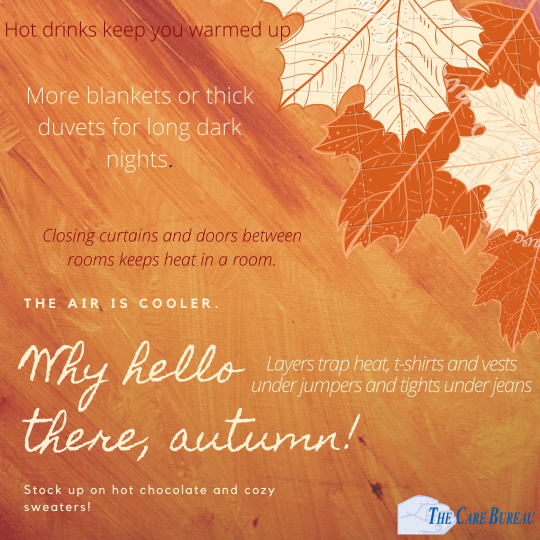 CareBureau's tweet photo. Why hello there, Autumn!
Although today is due to be a little warm, the weather will start changing and become colder. 
Stock up on hot chocolate and cozy sweaters! 
#carebureau #thecarebureau #helloautumn #weatherchanging https://t.co/frPo5LMNj3
