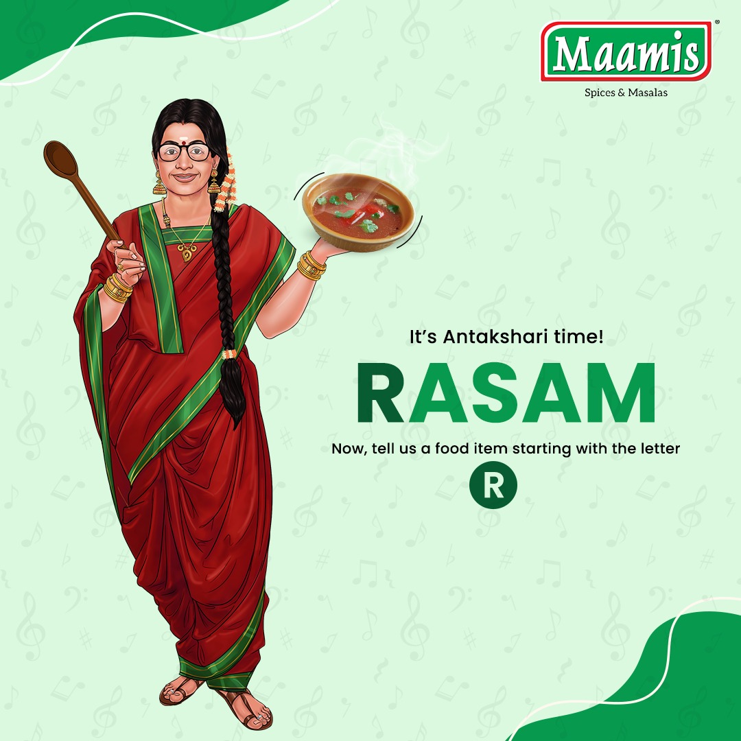 Let’s play word-antakshari today! How many dishes can you name starting with the letter R?? We have done the first one for you - Rasam 🙂

#quiz #QuizTime #QuizChallenge #QuizOfTheDay  #maaamis #quiz #comments #game #gametime #quiztime #funwithmaamis #MaamisMagic 
#rasam