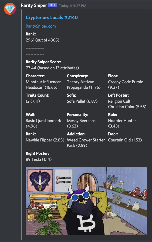 We worked closely with the @RaritySniperNFT team to bring their bot to our Discord server for our new Crypteriors: Locals collection.

The bot is now available in ✨rarity-check and 🧹floor-check rooms!

Join us: discord.gg/AQxQA9ZBPM