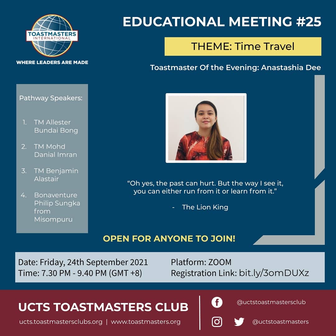 Woah, isn't this exciting? Time travel. Did you know that Admin likes to talk about the concept of time, what is life like before and after a certain period. 

UCTS Toastmasters Club would like to invite you to our Educational meeting this Friday, click link in Bio to register.
