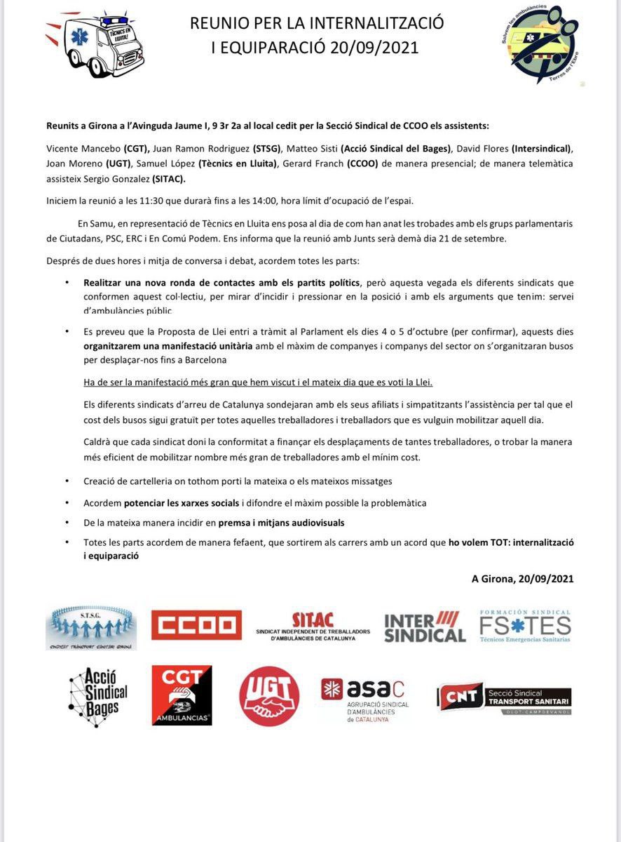El dilluns dia 20 es va celebrar a Girona la primera reunió de l'equip de treball format per les plataformes i els  sindicats, per treballar per assolir la internacionalització i l'equiparació. 
✊✊✊