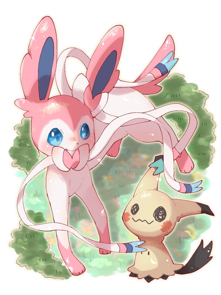 mimikyu ,sylveon pokemon (creature) no humans blue eyes closed mouth grass standing general  illustration images