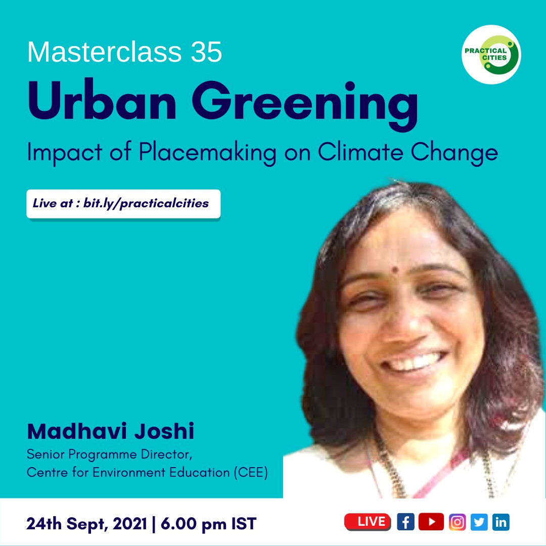 #Masterclass 𝟯𝟱 : "𝗨𝗿𝗯𝗮𝗻 𝗚𝗿𝗲𝗲𝗻𝗶𝗻𝗴 : 𝗜𝗺𝗽𝗮𝗰𝘁 𝗼𝗳 𝗣𝗹𝗮𝗰𝗲𝗺𝗮𝗸𝗶𝗻𝗴 𝗼𝗻 𝗖𝗹𝗶𝗺𝗮𝘁𝗲 𝗖𝗵𝗮𝗻𝗴𝗲" by 𝗠𝗮𝗱𝗵𝗮𝘃𝗶 𝗝𝗼𝘀𝗵𝗶  (Senior Programme Director, Centre for Environment Education (<a href="/CEEahmedabad/">CEE India</a> ))

Join 𝐋𝐢𝐯𝐞 𝐚𝐭 : bit.ly/practicalcities