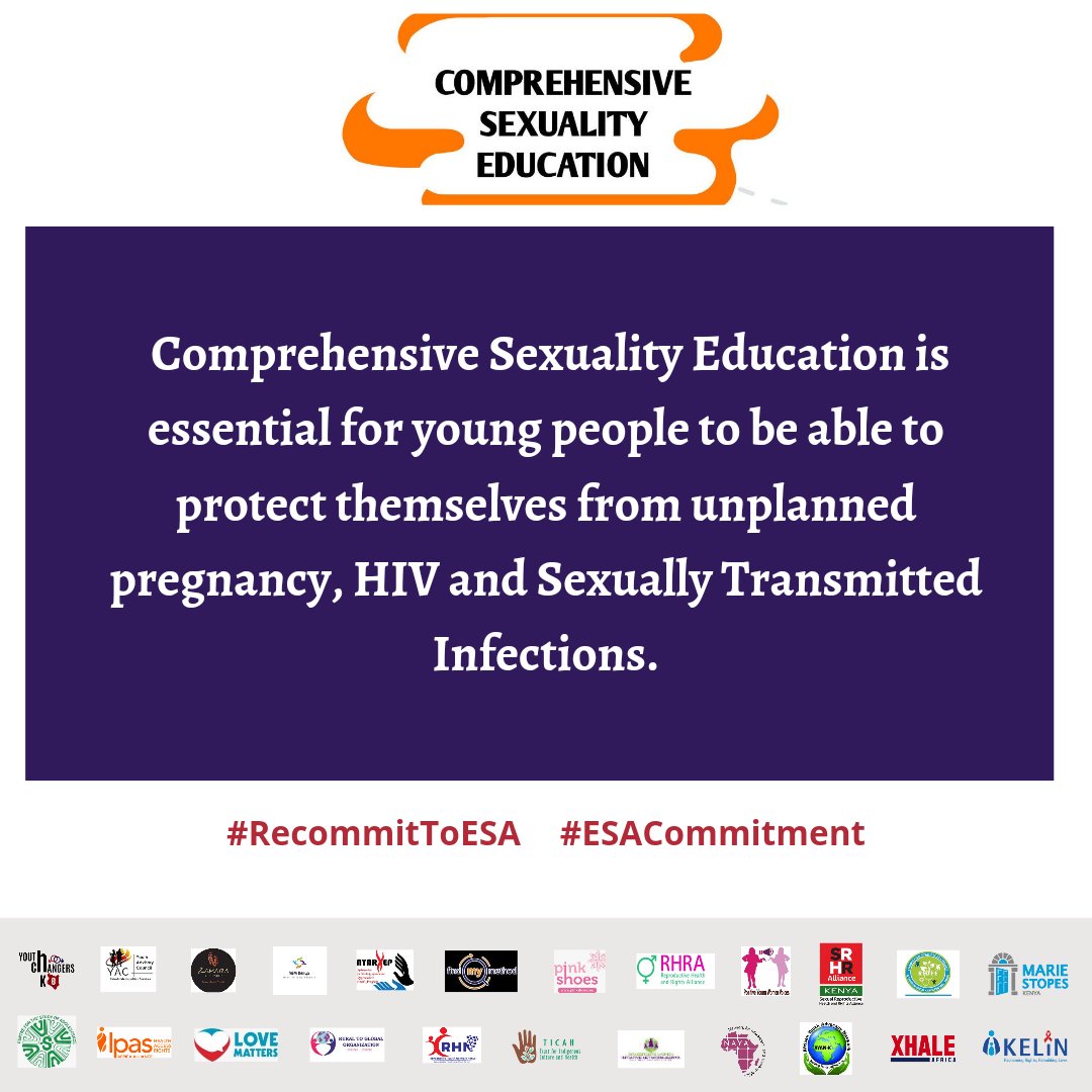Comprehensive sexuality education is essential for young people to be able to protect themselves from unplanned pregnancy,HIV and sexually transmitted infection
<a href="/MOESTKe/">MINISTRY OF EDUCATION</a>
<a href="/EduMinKenya/">Ministry of Education, Kenya (MoE)</a>
<a href="/rhnkorg/">Reproductive Health Network Kenya</a>
<a href="/findmymethod/">Find My Method</a>
<a href="/GirlsWomenPower/">PYWV</a>
<a href="/NairobiYac/">YAC NAIROBI</a>
<a href="/NAYAKenya/">NAYA Kenya</a>
#ESACommitment 
#RecommitToESA