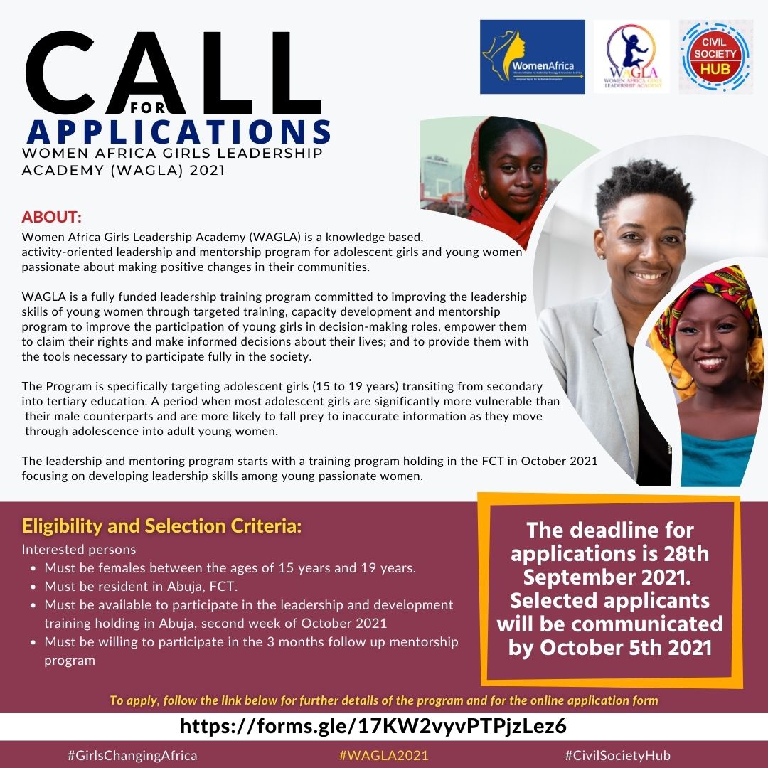 WomenAfrica35's tweet photo. Women Africa is calling for applications for the 2021 cohort of its Girls Leadership Academy (WAGLA)
Apply Here
https://t.co/DdoPinvxBl
Deadline: Sept. 28, 2021
#WAGLA2021
#GirlsChangingAfrica
#GirlsLeadership
#MyGenderPledge
#CivilSocietyHub https://t.co/QNldJeRd5F