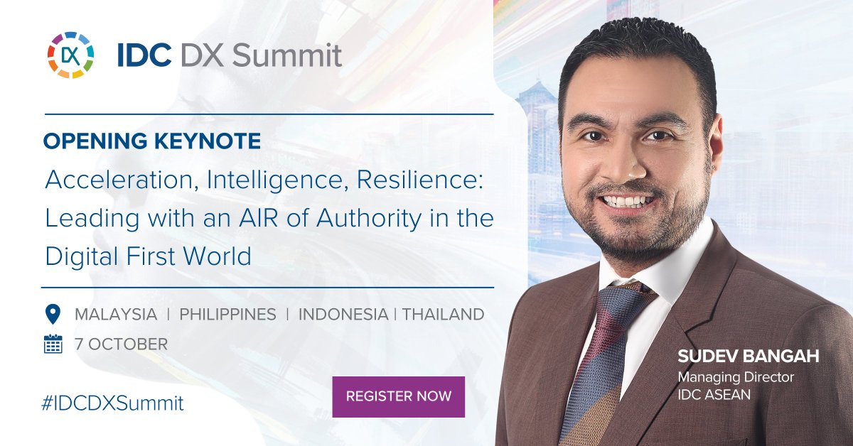 Don't miss IDC ASEAN's Managing Director <a href="/devbangah/">Sudev Bangah</a> as he opens #IDCDXSummit ASEAN with a keynote on the digital makeover of Malaysia, Philippines, Indonesia, &amp; Thailand and how businesses can continue to be agile &amp; resilient amid uncertainty. Register at bit.ly/aseandx2021