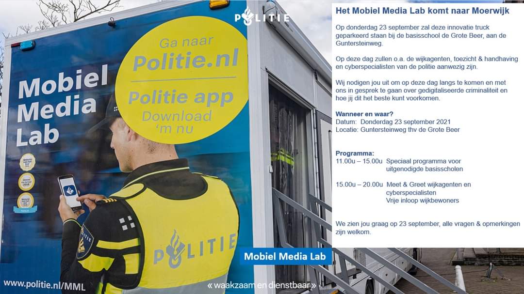 Stel al jouw vragen en deel jouw opmerkingen met ons in het Mobiel Media Lab op donderdag 23 september. Kom langs en verkrijg informatie over gedigitaliseerde criminaliteit en veilig gebruik van Social Media.
#digitaal #politiezuiderpark #MML <a href="/POL_DenHaag/">Politie Eenheid Den Haag</a>